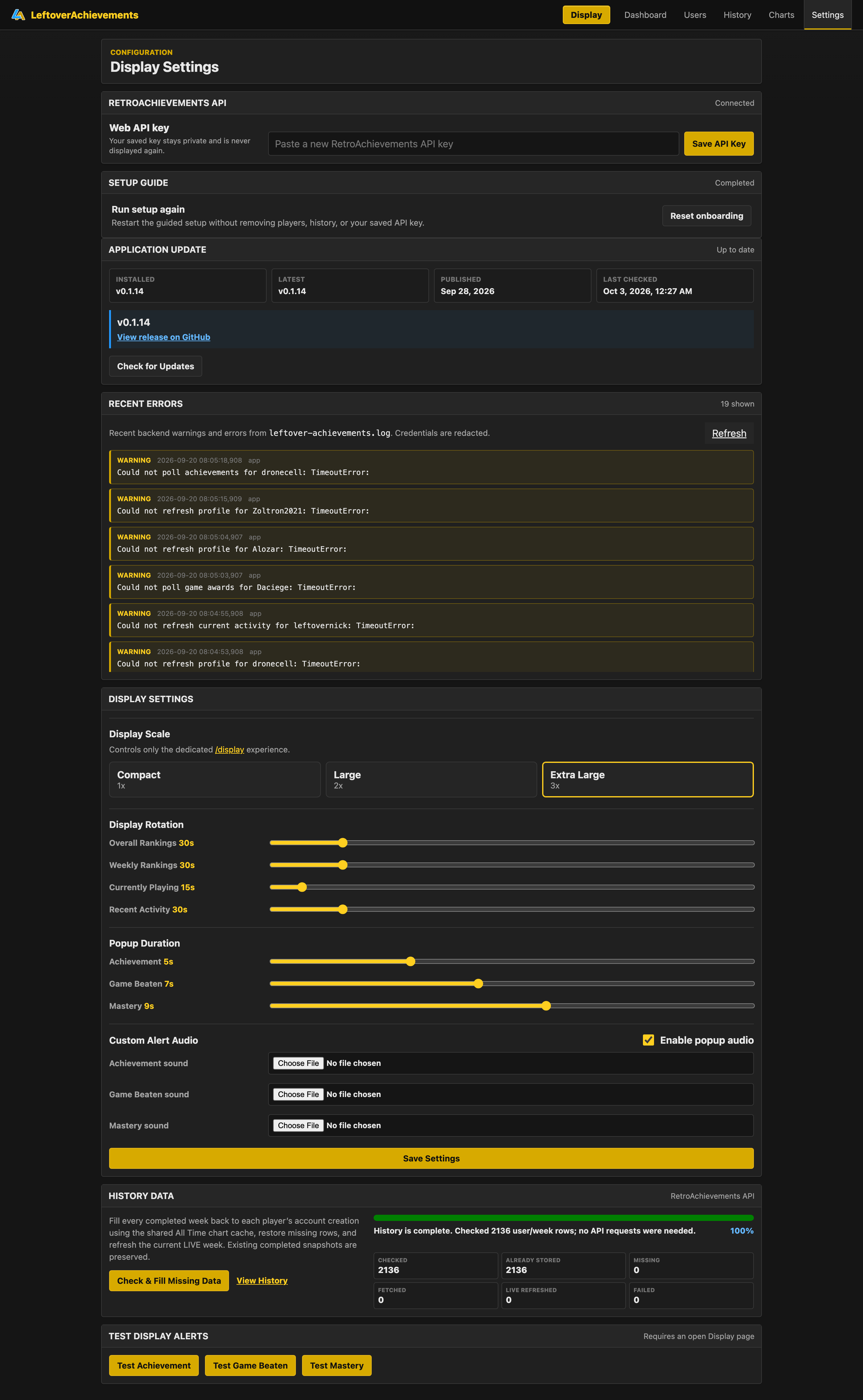 Complete LeftoverAchievements settings page with API state, release status, redacted logs, display timing, audio, history maintenance, and test controls