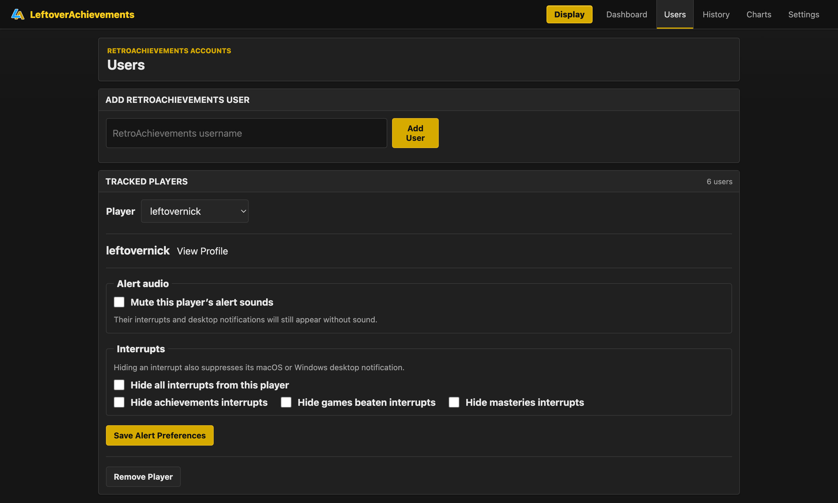 Complete LeftoverAchievements users page for adding players and configuring per-player alert audio and display interrupts
