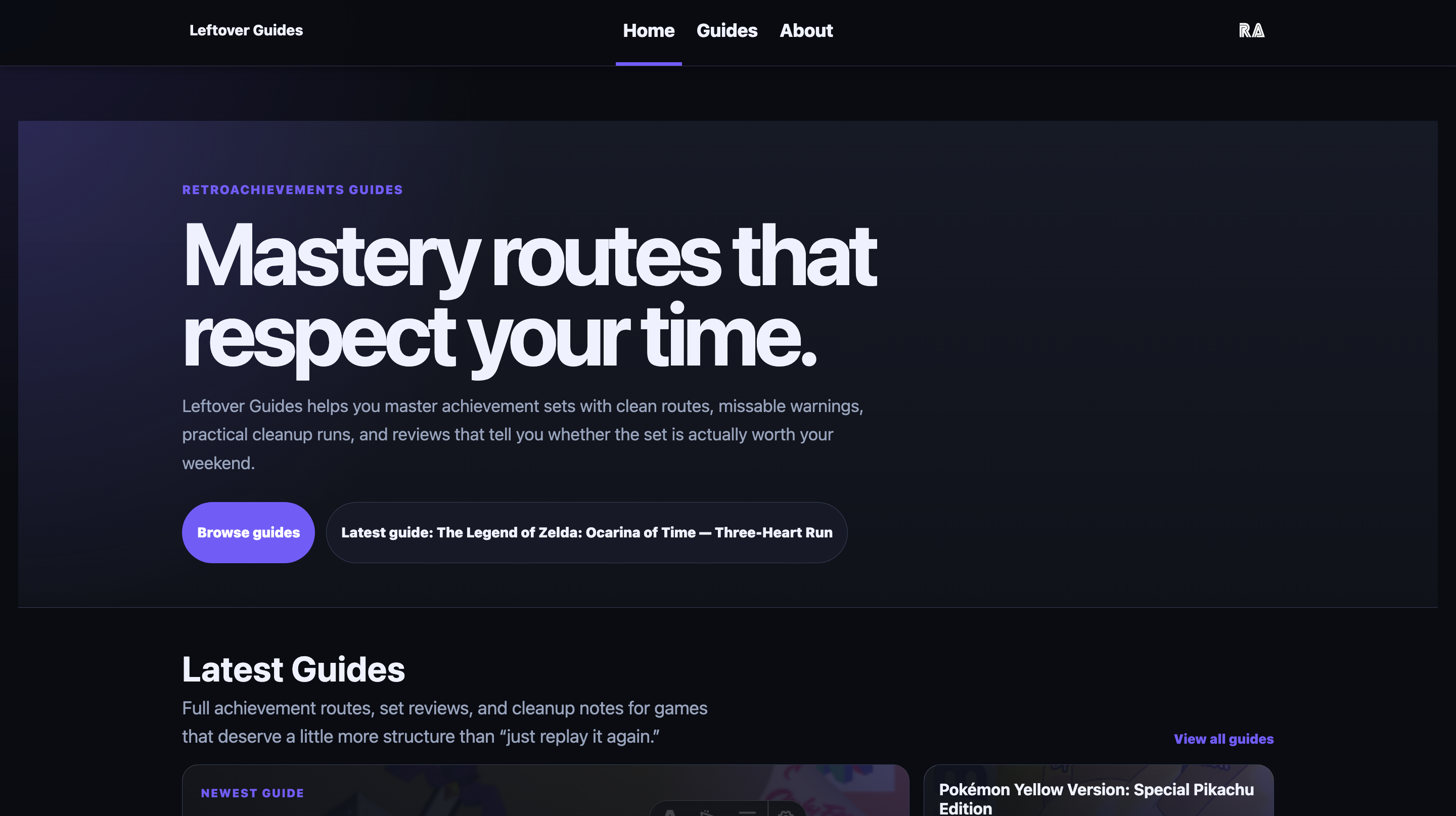 Leftover Guides homepage with featured RetroAchievements guides