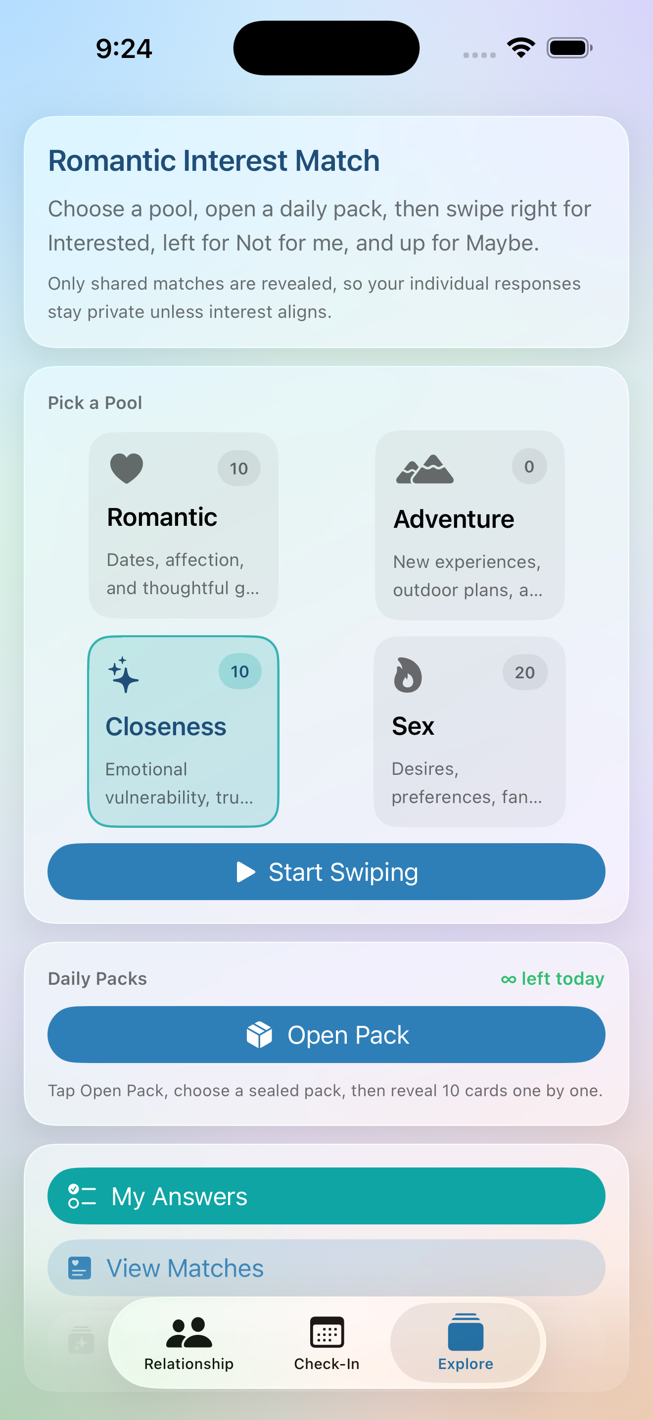 Tend private romantic interest matching screen